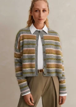Brushed Cashmere Crew Neck Stripe Cardigan