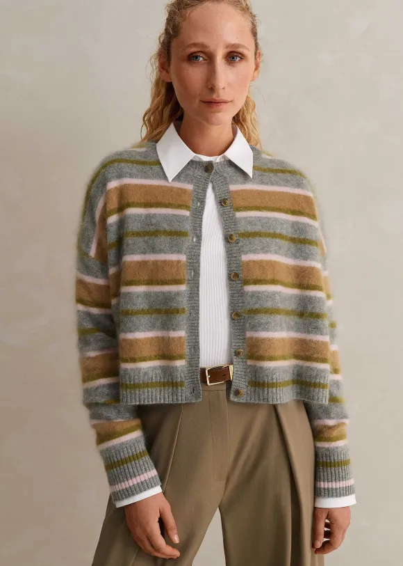Brushed Cashmere Crew Neck Stripe Cardigan