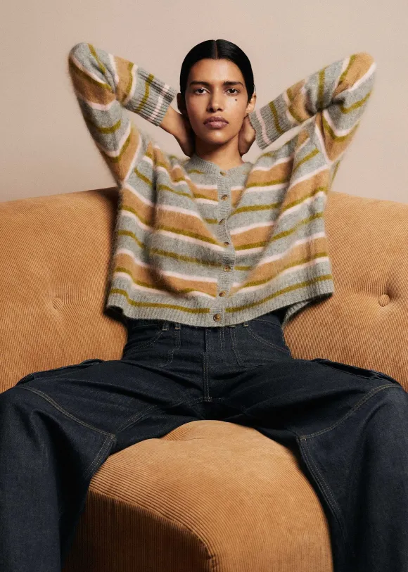 Brushed Cashmere Crew Neck Stripe Cardigan