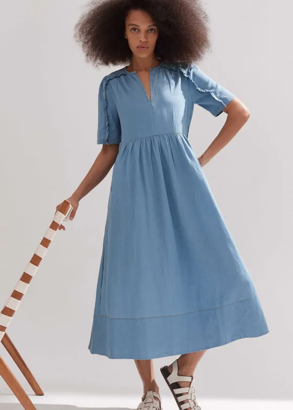 Chambray Relaxed Ruffle Midi Dress