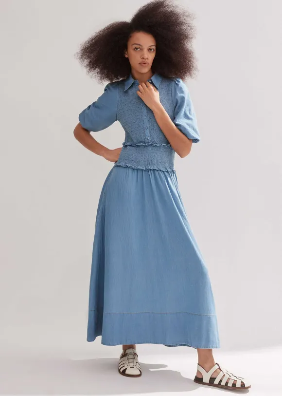 Chambray Shirred Maxi Shirt Dress