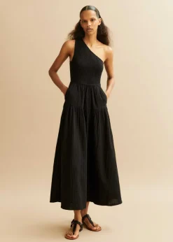 Cheesecloth Shirred One Shoulder Maxi Dress
