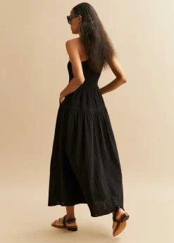 Cheesecloth Shirred One Shoulder Maxi Dress