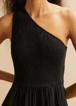 Cheesecloth Shirred One Shoulder Maxi Dress