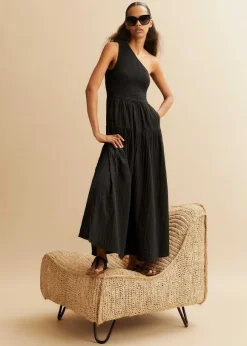 Cheesecloth Shirred One Shoulder Maxi Dress