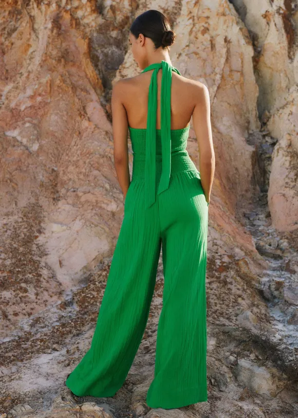 Cheesecloth Shirred Wide-Leg Jumpsuit