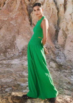 Cheesecloth Shirred Wide-Leg Jumpsuit