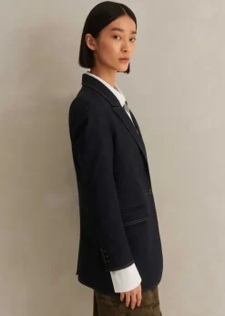 Cotton Blend Denim Sharp Shoulder Blazer