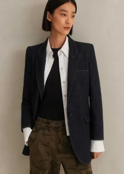 Cotton Blend Denim Sharp Shoulder Blazer