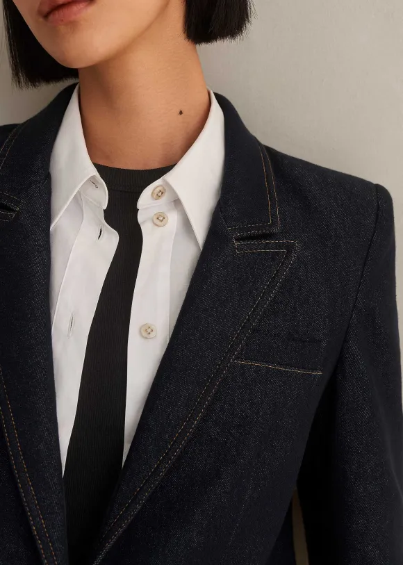 Cotton Blend Denim Sharp Shoulder Blazer
