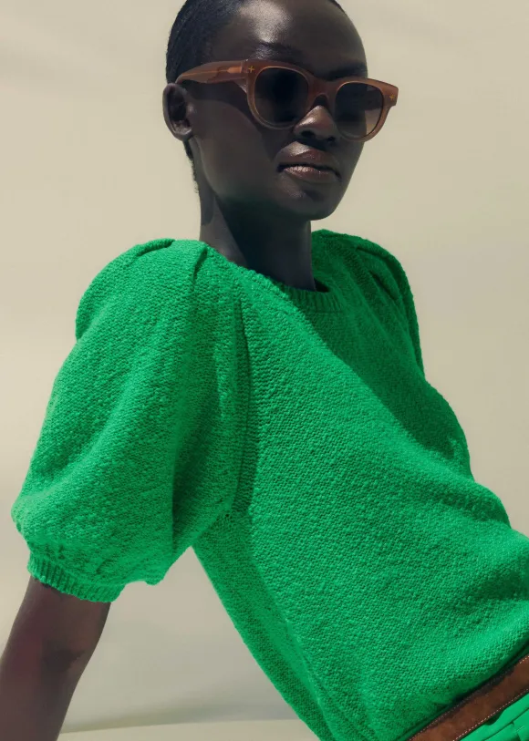 Cotton Boucl Pouf Sleeve Knit Tee