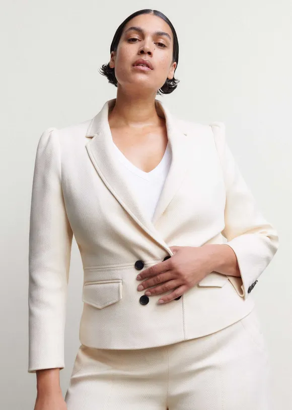 Cotton Herringbone Fitted Short Blazer