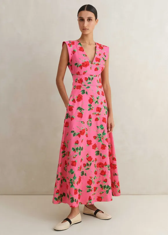 Cotton Sateen Rose Print Maxi Dress