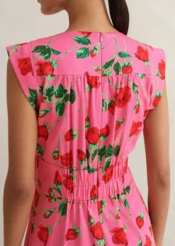 Cotton Sateen Rose Print Maxi Dress