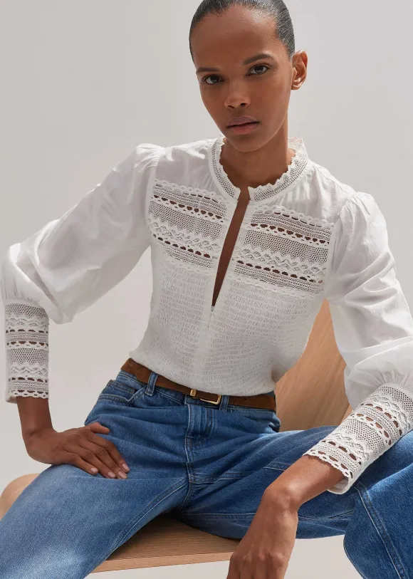 Cotton Shirred Lace Trim Top