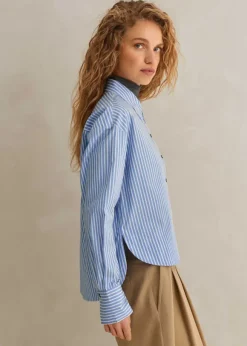Cotton Stripe Dipped Hem Crop Shirt