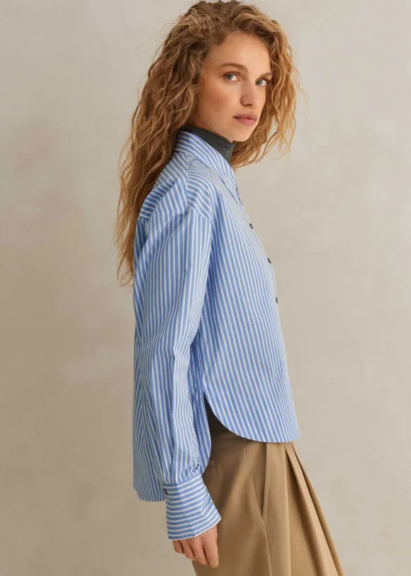 Cotton Stripe Dipped Hem Crop Shirt