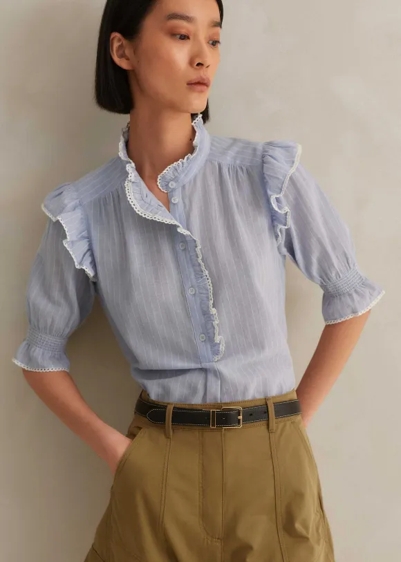 Cotton Voile Stripe Short Sleeve Top