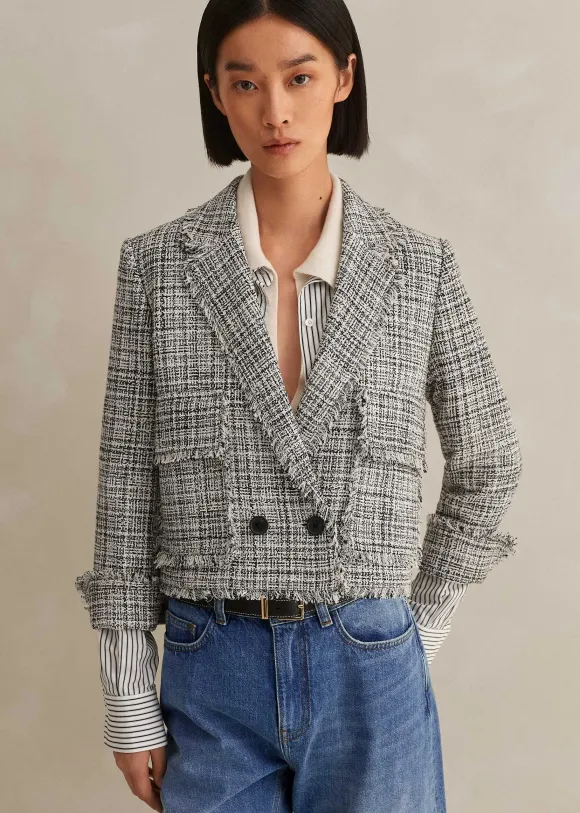 Cotton-Blend Fringe Trim Crop Jacket