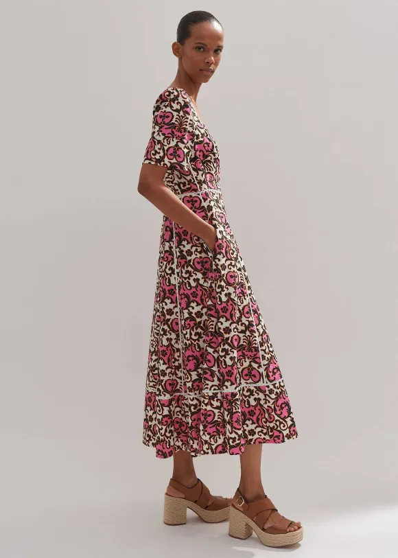 Linen-Blend Baroque Print Midi Dress