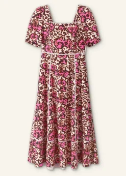 Linen-Blend Baroque Print Midi Dress