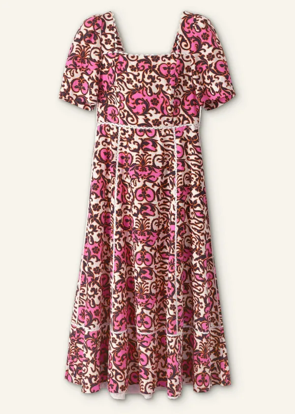 Linen-Blend Baroque Print Midi Dress