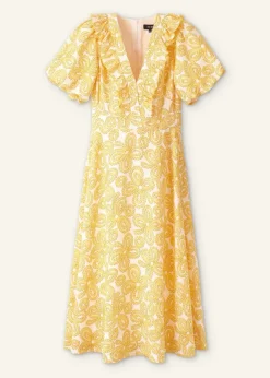 Linen-Blend Lace Print Midi Dress