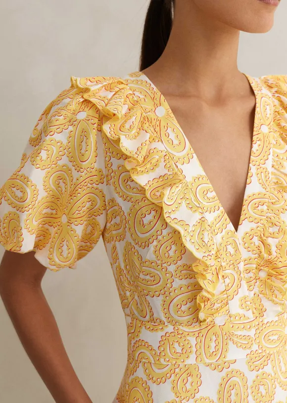 Linen-Blend Lace Print Midi Dress
