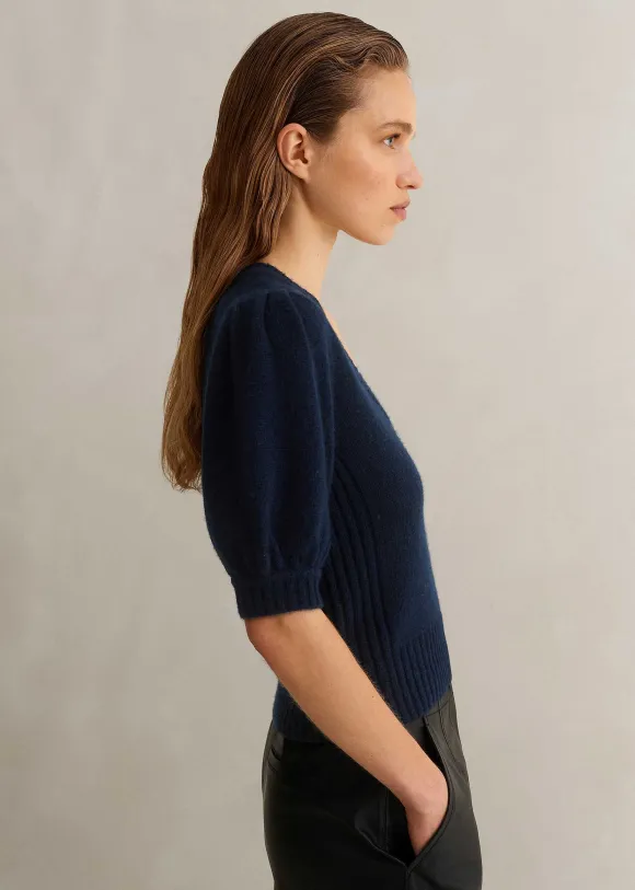 Lofty Wool Cashmere Silk V Neck Pouf Sleeve Tee