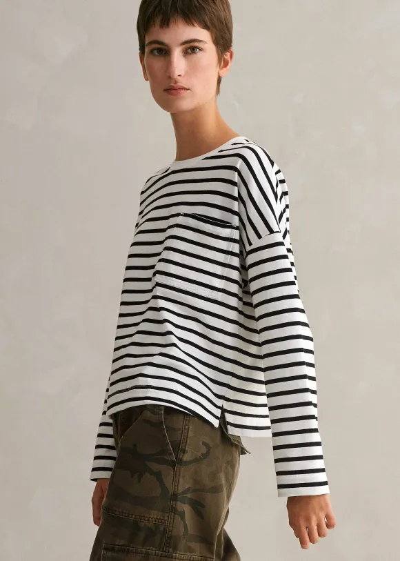 Pocket Detail Boxy Long Sleeve Stripe Top