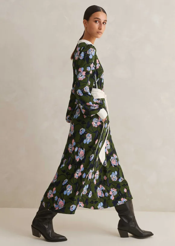 Rose Print Panelled Midi Dress