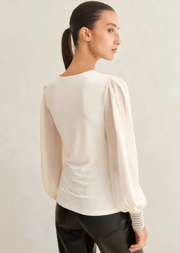 Sheer Sleeve Crew Neck Layering Top