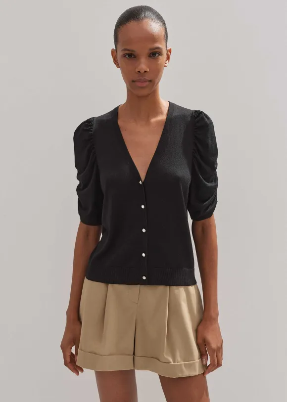 Silk Button-Through Pouf Sleeve Knit Top