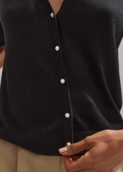 Silk Button-Through Pouf Sleeve Knit Top