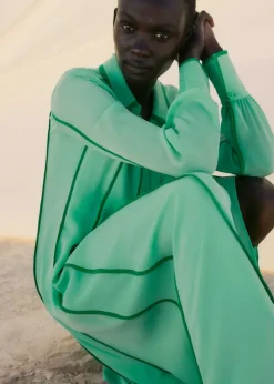 Silk Contrast Binding Maxi Shirt Dress + Belt