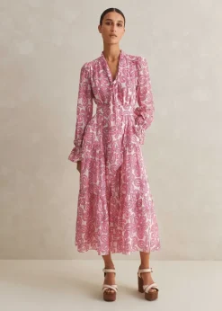 Silk Cotton Flower Print Midi Dress + Belt