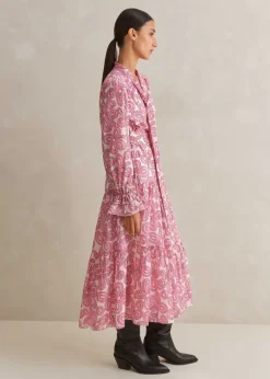 Silk Cotton Flower Print Midi Dress + Belt