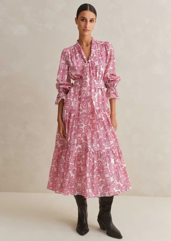 Silk Cotton Flower Print Midi Dress + Belt