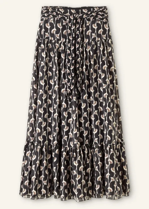 Silk Cotton Ginko Leaf Print Skirt + Belt