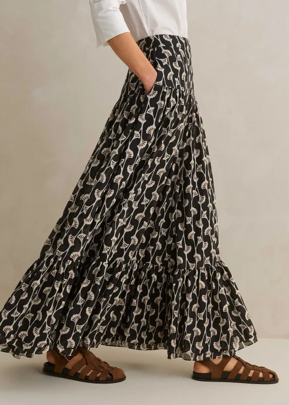 Silk Cotton Ginko Leaf Print Skirt + Belt