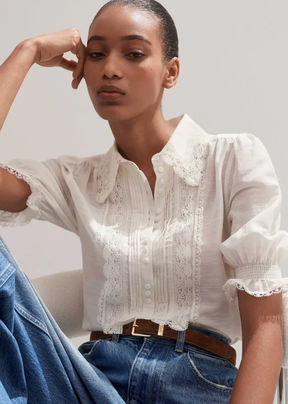 Silk Cotton Lace Trim Blouse