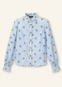 Silk Cotton Striped Rose Print Blouse