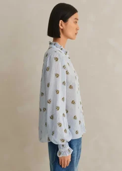 Silk Cotton Striped Rose Print Blouse