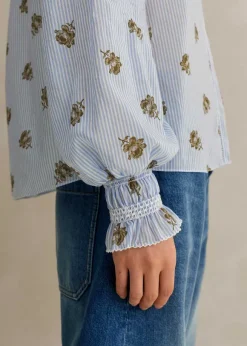 Silk Cotton Striped Rose Print Blouse