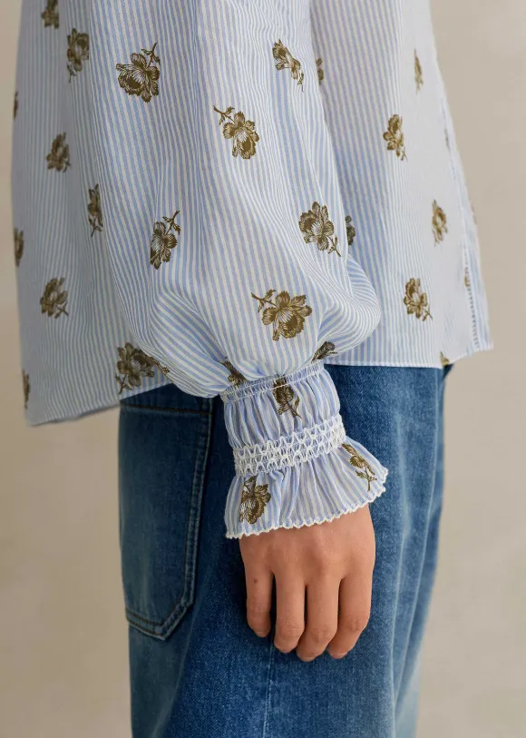 Silk Cotton Striped Rose Print Blouse