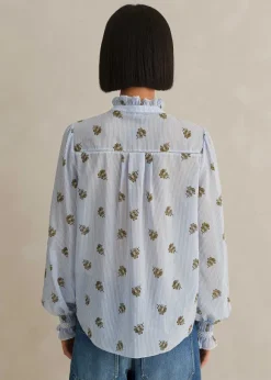 Silk Cotton Striped Rose Print Blouse