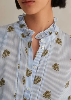 Silk Cotton Striped Rose Print Blouse