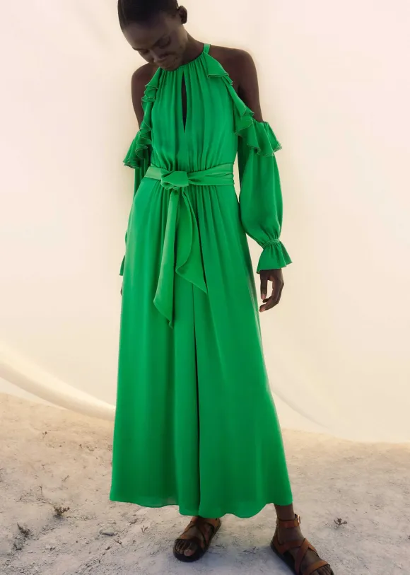 Silk Exposed Shoulder Maxi Dress + Belt