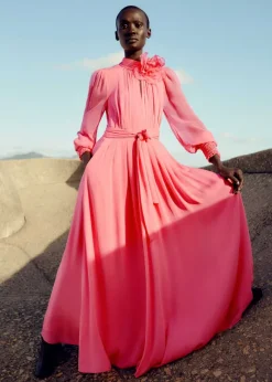 Silk Full-Length Dress With Corsage + Belt