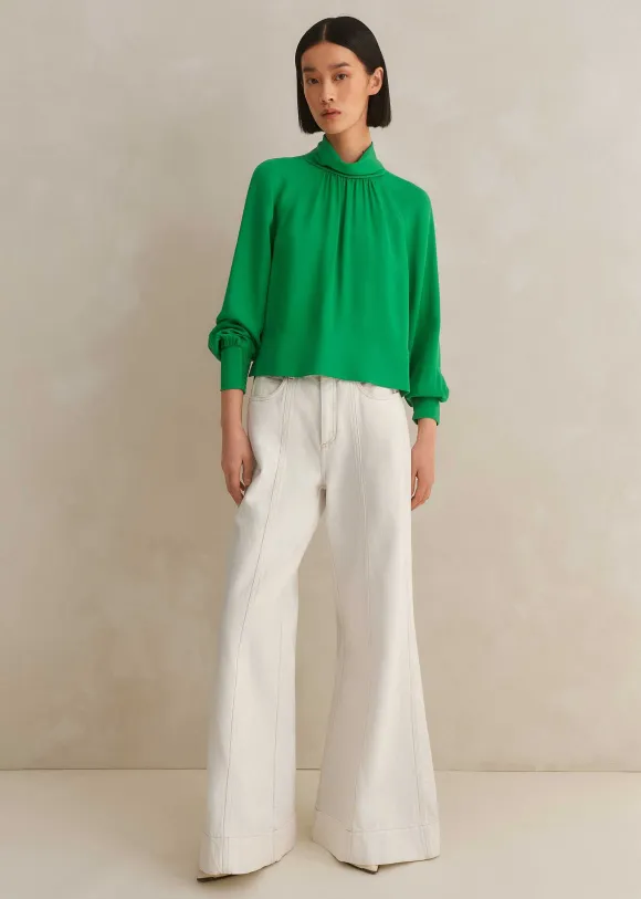 Silk High Neck Raglan Sleeve Top